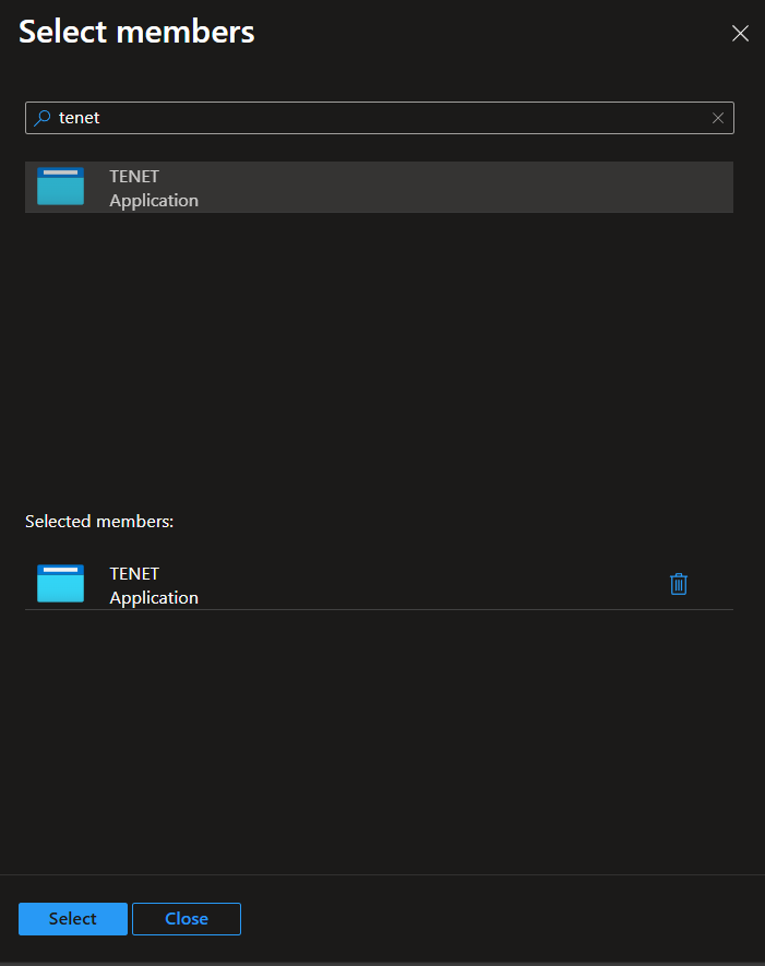 Search for app registration in Select Members panel